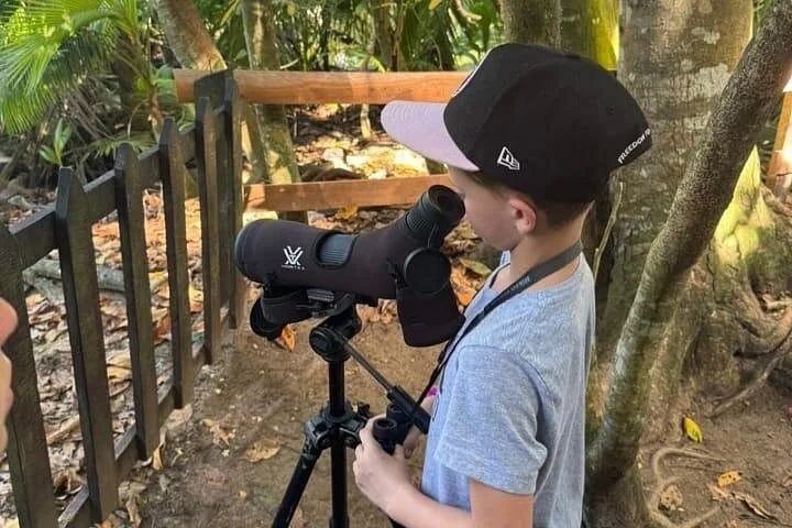 Ein kleiner Junge mit Kappe schaut im Freien durch ein großes Spektiv.